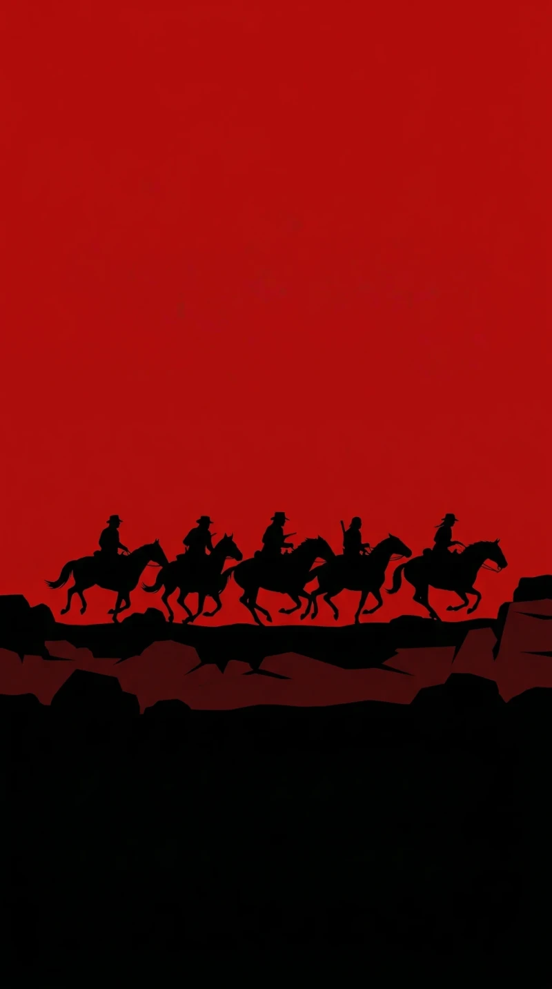 Minimalist Red Dead Redemption Wallpaper with Silhouette Cowboys Riding Horses 4K Red dead Wallpaper