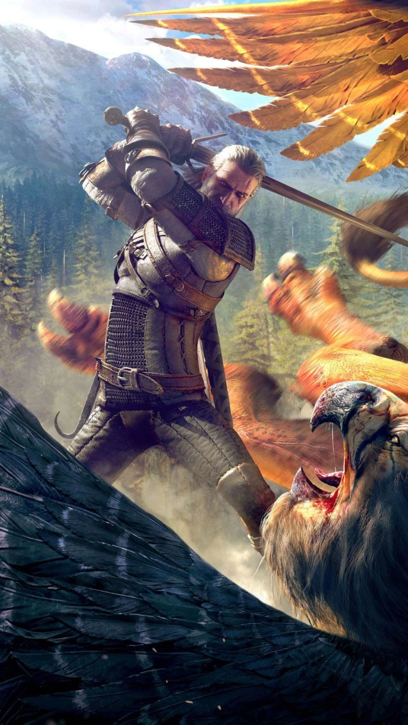 Geralt of Rivia vs Griffin 4K Mobile Wallpaper
