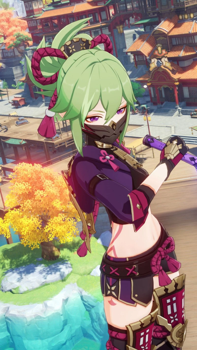 Vibrant Green Anime Character Standing on Cliffside in Cityscape 4K Mobile Wallpaper