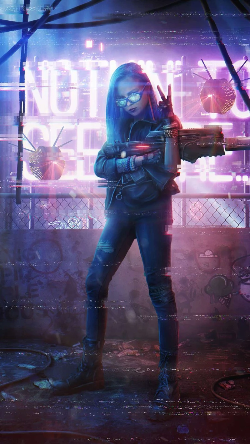 Cyberpunk Girl with Weapon 4K Mobile Wallpaper
