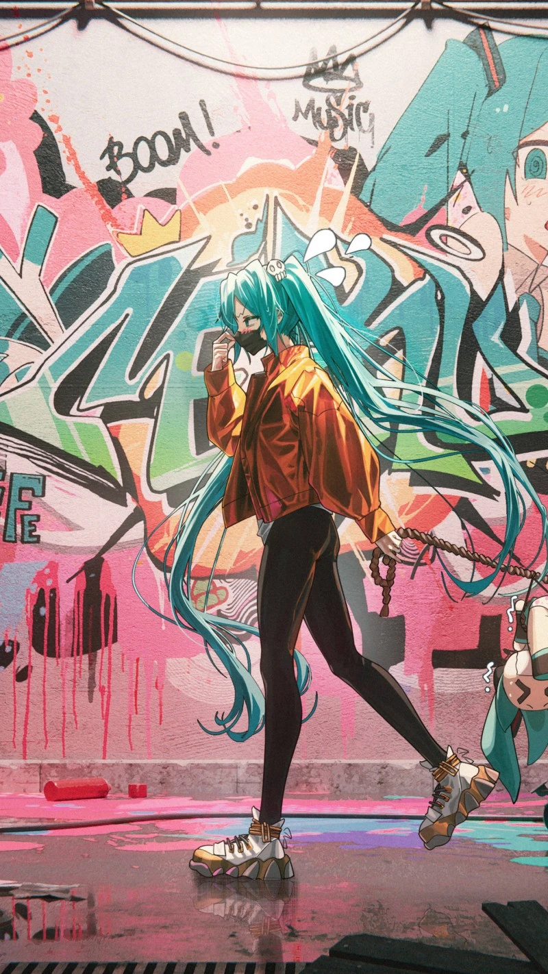 Hatsune Miku in a Graffiti-Filled Alleyway 4K Mobile Wallpaper