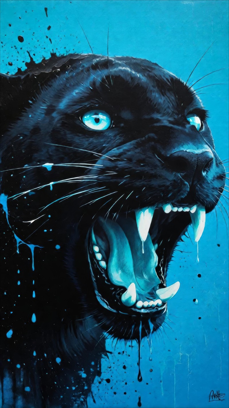 Vibrant Blue Fierce Panther Portrait Painting Wallpaper 4K X Wallpaper