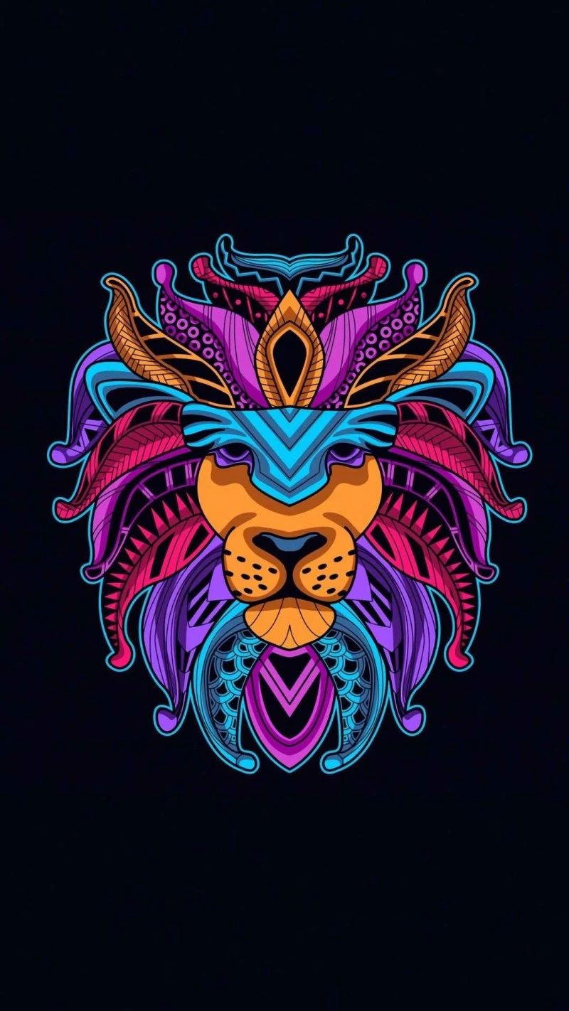 Neon Lion Mandala 4K Mobile Wallpaper