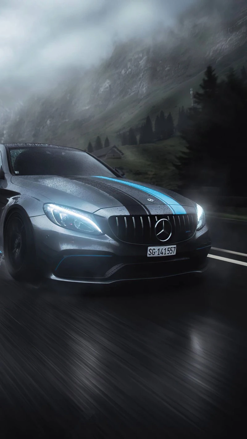 Mercedes-AMG C63 S in the Rain 4K Mobile Wallpaper