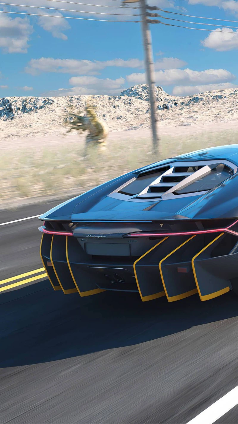 Blue Lamborghini on Desert Highway 4K Mobile Wallpaper
