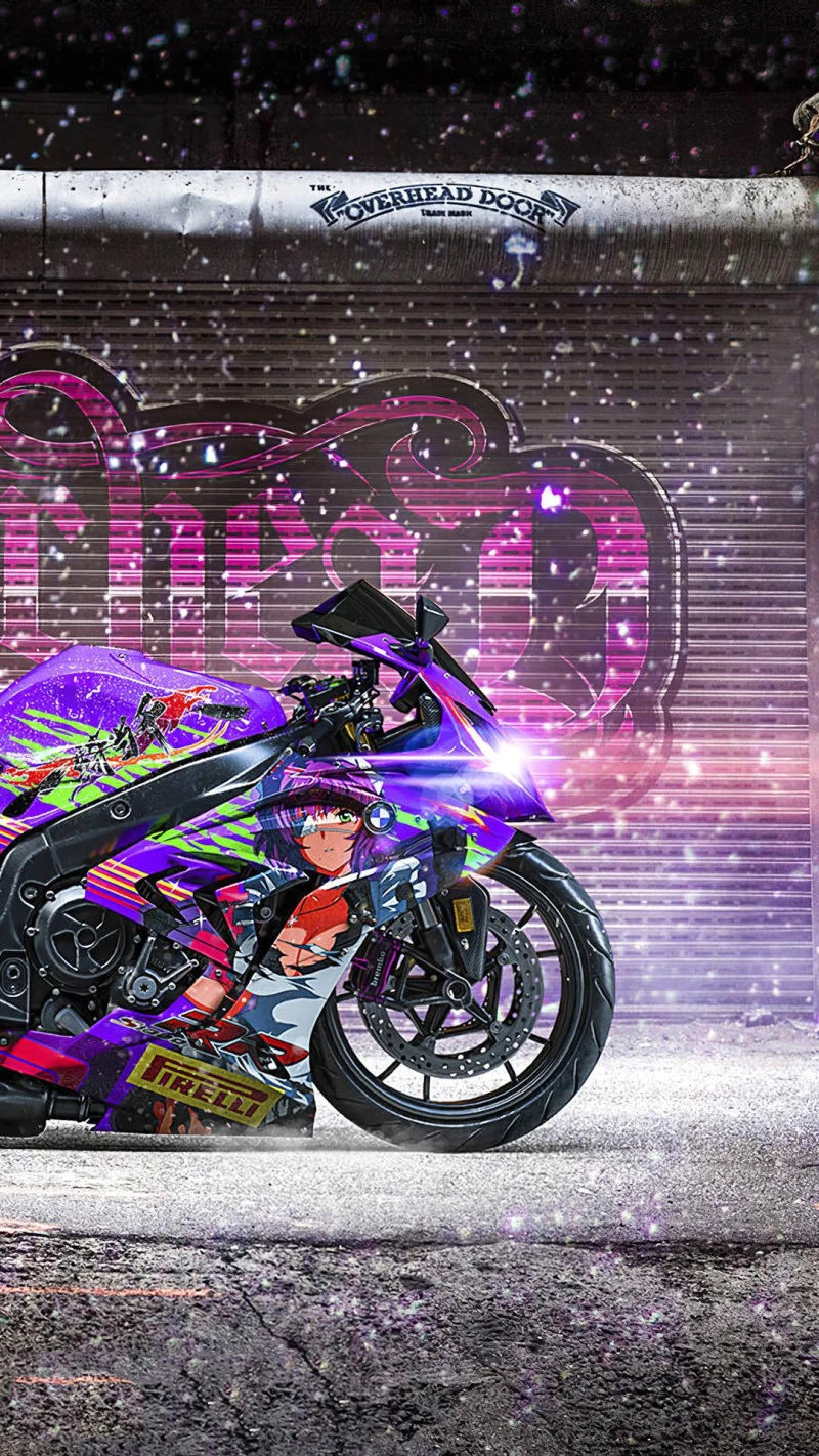 Anime-Styled Motorcycle in Snowy Urban Setting 4K Mobile Wallpaper