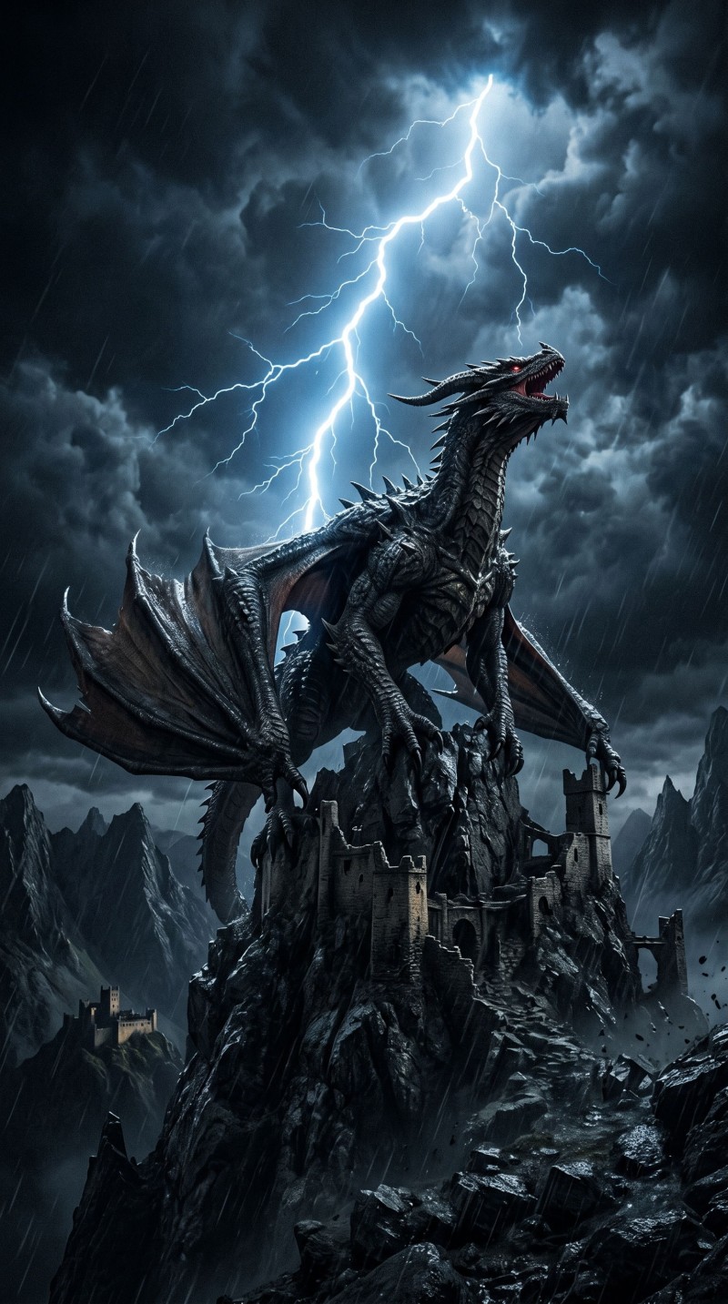 Colossal Dark Dragon Standing on Ruins Amidst Stormy Weather 4K Mobile Wallpaper