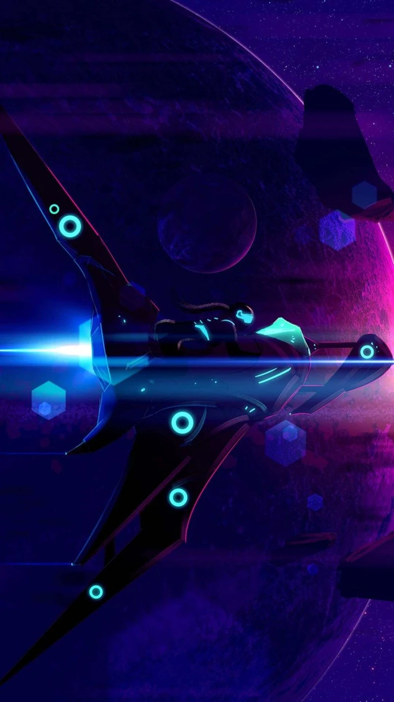 Neon Starship in Deep Space 4K Mobile Wallpaper