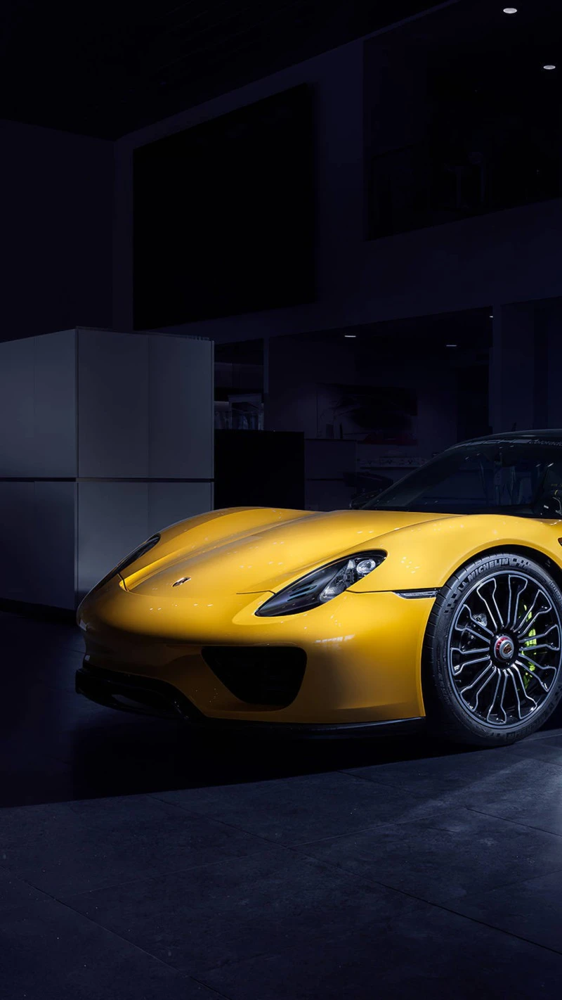 Yellow Porsche 918 Spyder in Showroom 4K Mobile Wallpaper
