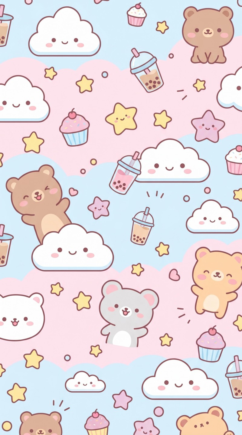 Kawaii Cute Cartoon Bear and Cloud Phone Wallpaper 4K Play Wallpaper