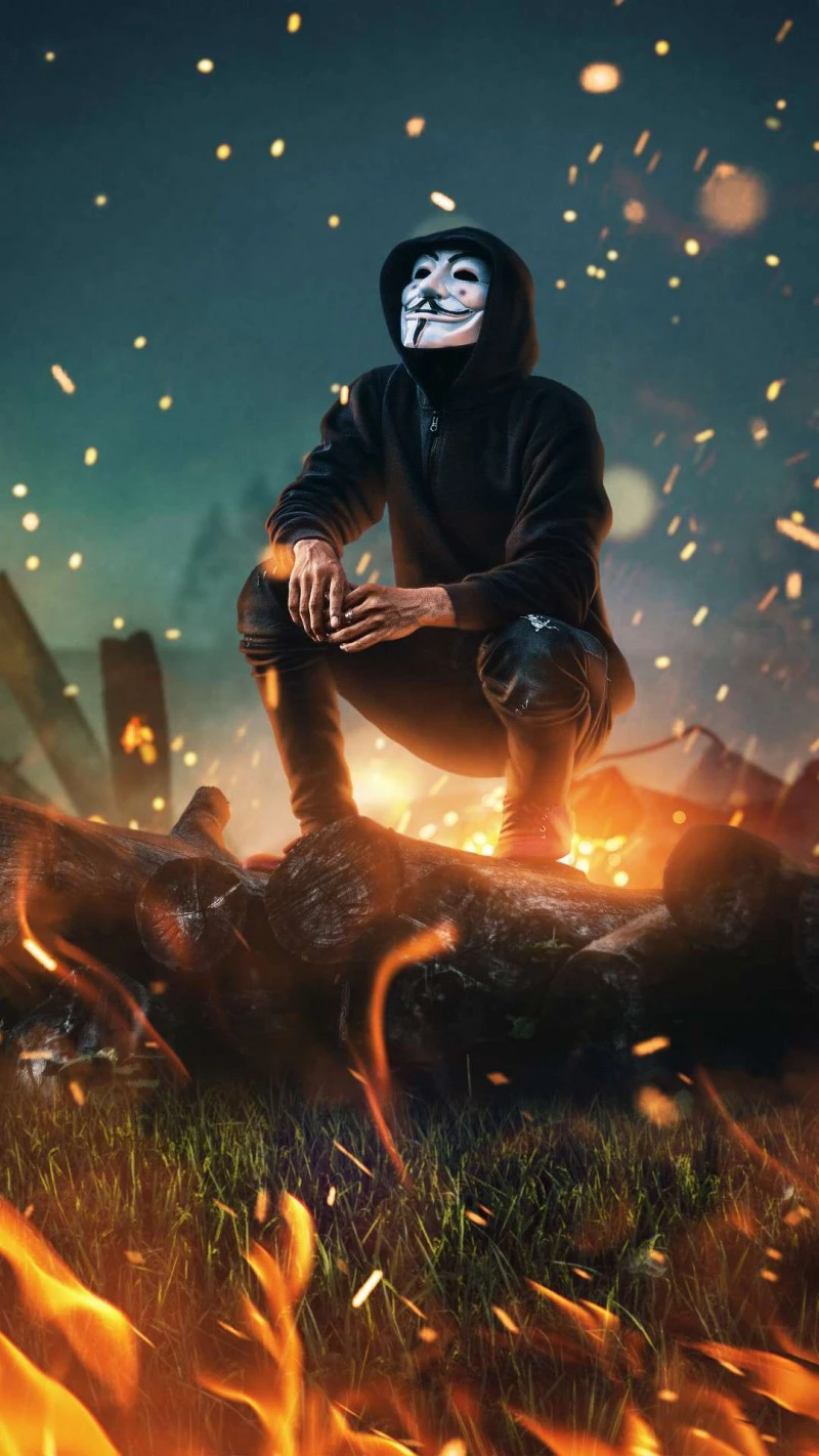 Anonymous Hacker in Flames 4K Mobile Wallpaper