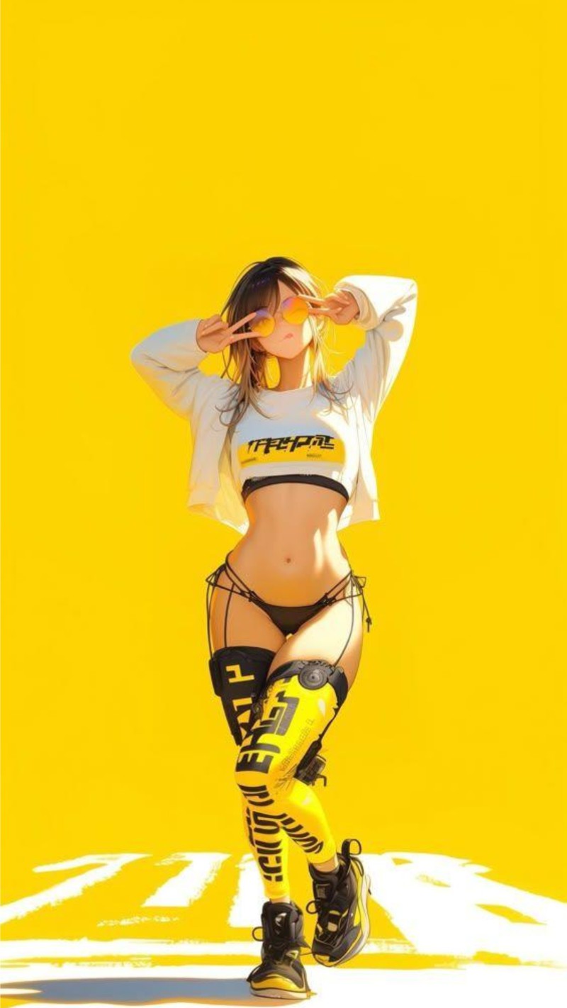 Stylish Anime Girl in Yellow with Peace Signs 4K Ash Wallpaper