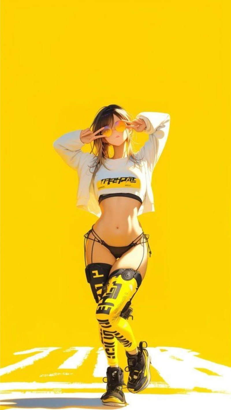 Stylish Anime Girl in Yellow with Peace Signs 4K Mobile Wallpaper
