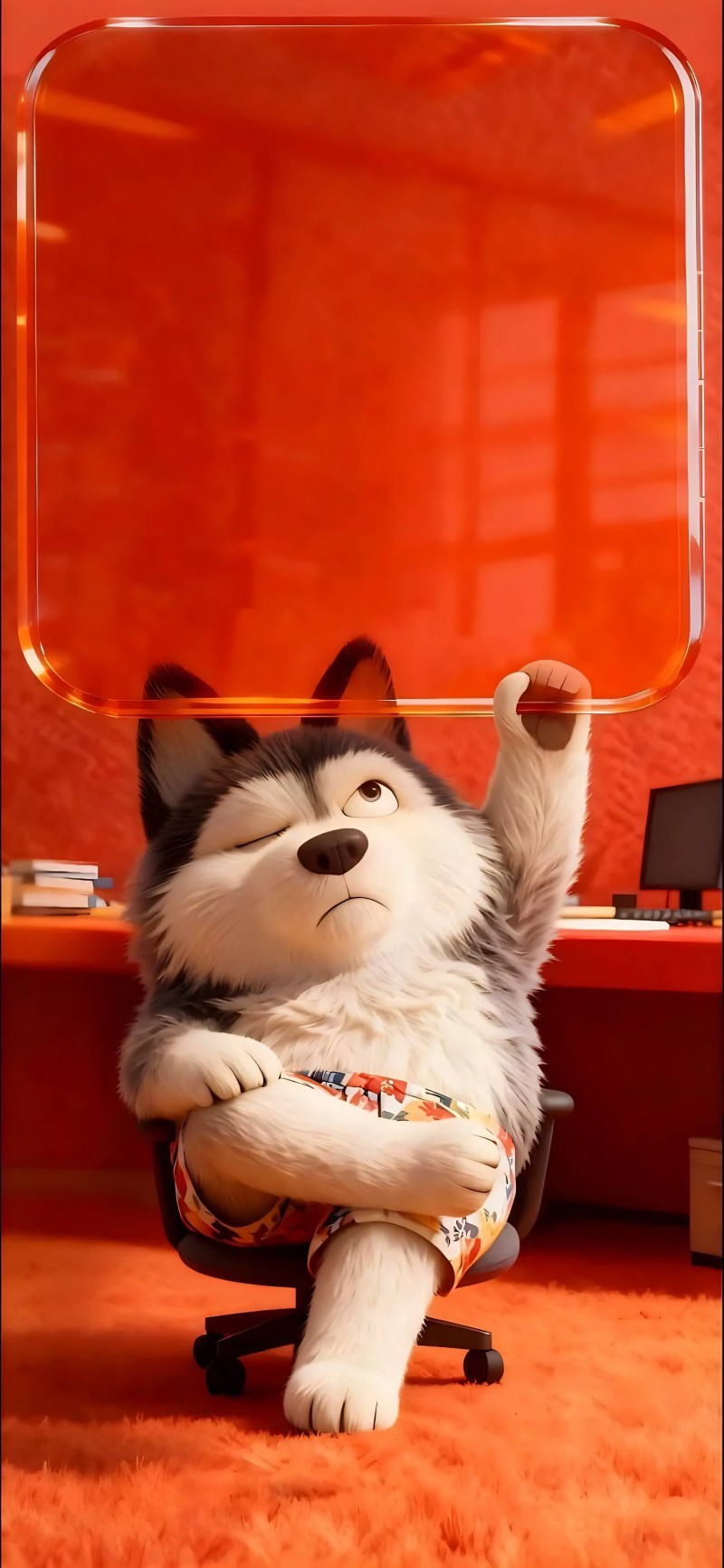 Adorable Winking Husky Dog Boss in Orange Office 4K Winking Wallpaper