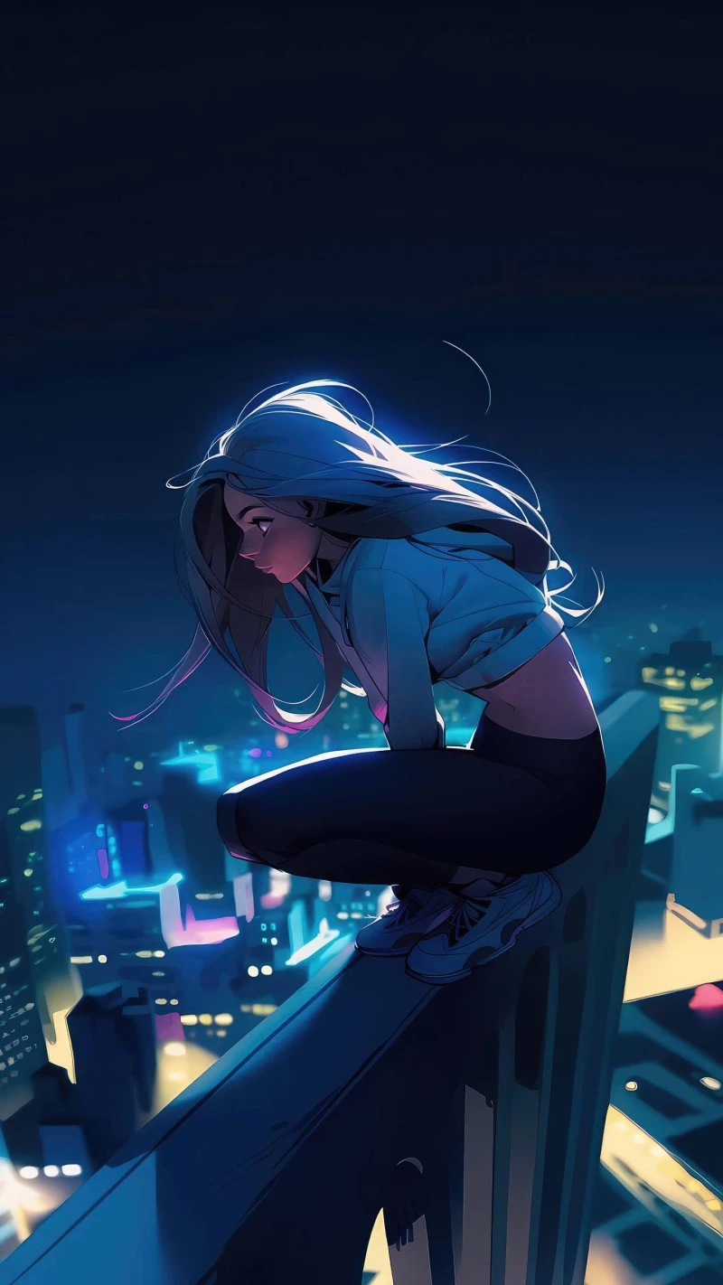 Anime Girl on Building Rooftop 4K Mobile Wallpaper