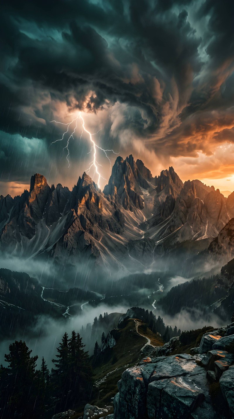 Dark Moody Mountain Storm with Lightning Bolt Mobile Wallpaper 4K Lightning Wallpaper
