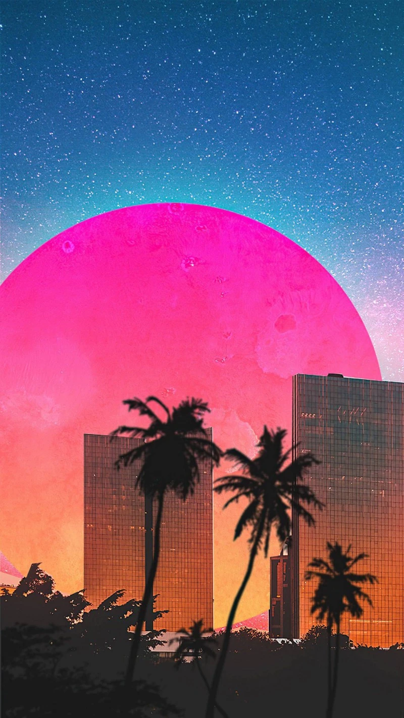 Palm Trees and Pink Moon over City 4K Mobile Wallpaper