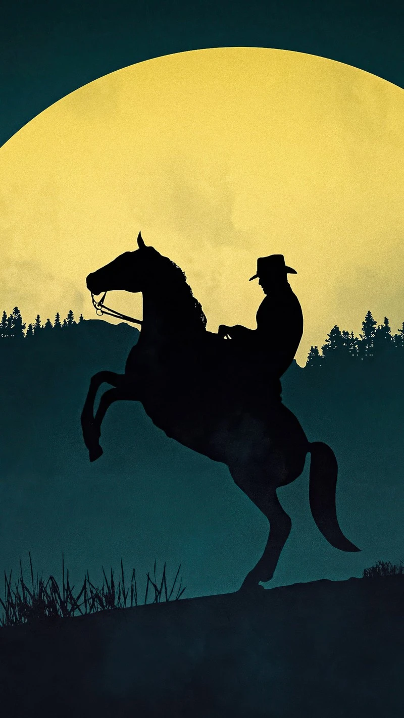 Dark Silhouette Cowboy Riding Horse under Yellow Moonlight Night 4K Mobile Wallpaper