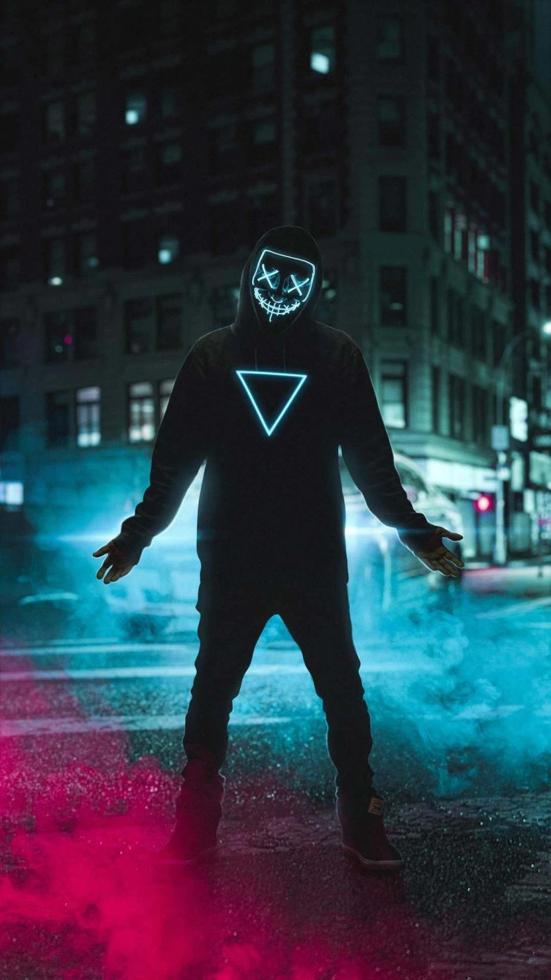 Neon Mask in City Street 4K Mobile Wallpaper