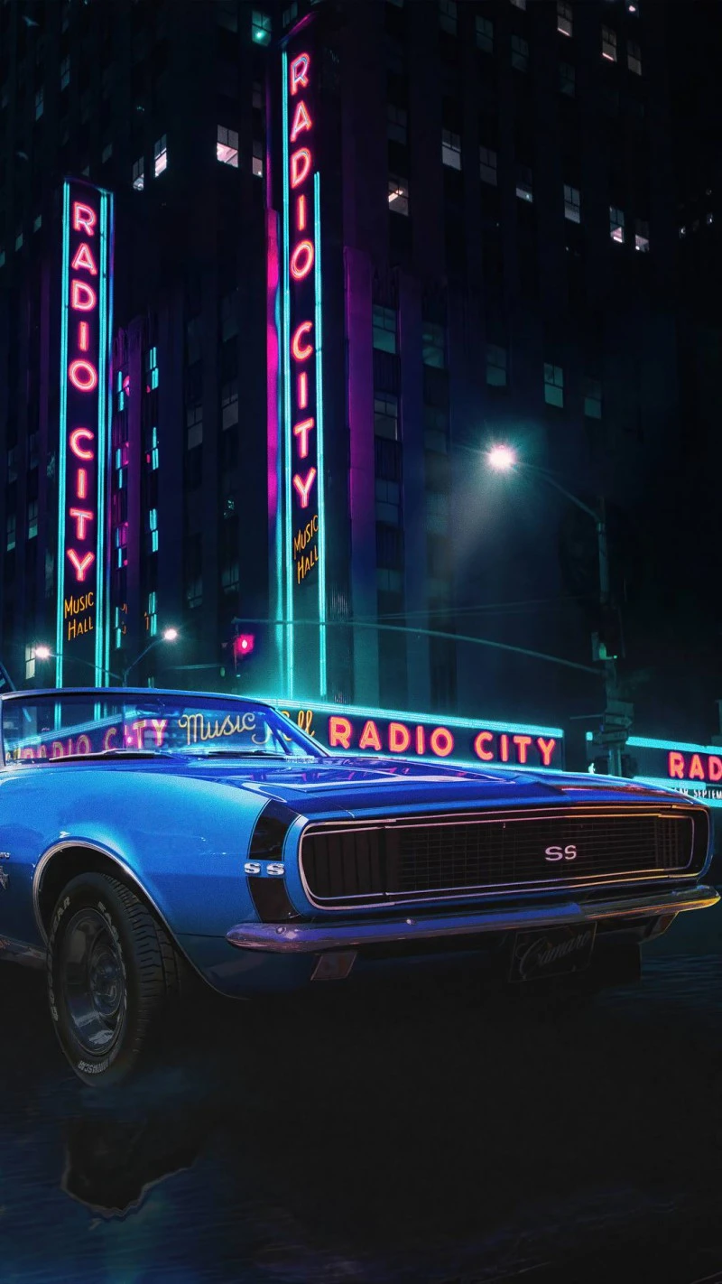 Retro Blue Camaro at Radio City Music Hall 4K Mobile Wallpaper