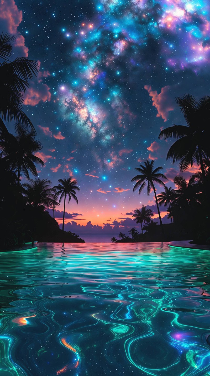 Tropical Night Sky with Nebula over Infinity Pool 4K Trees Wallpaper