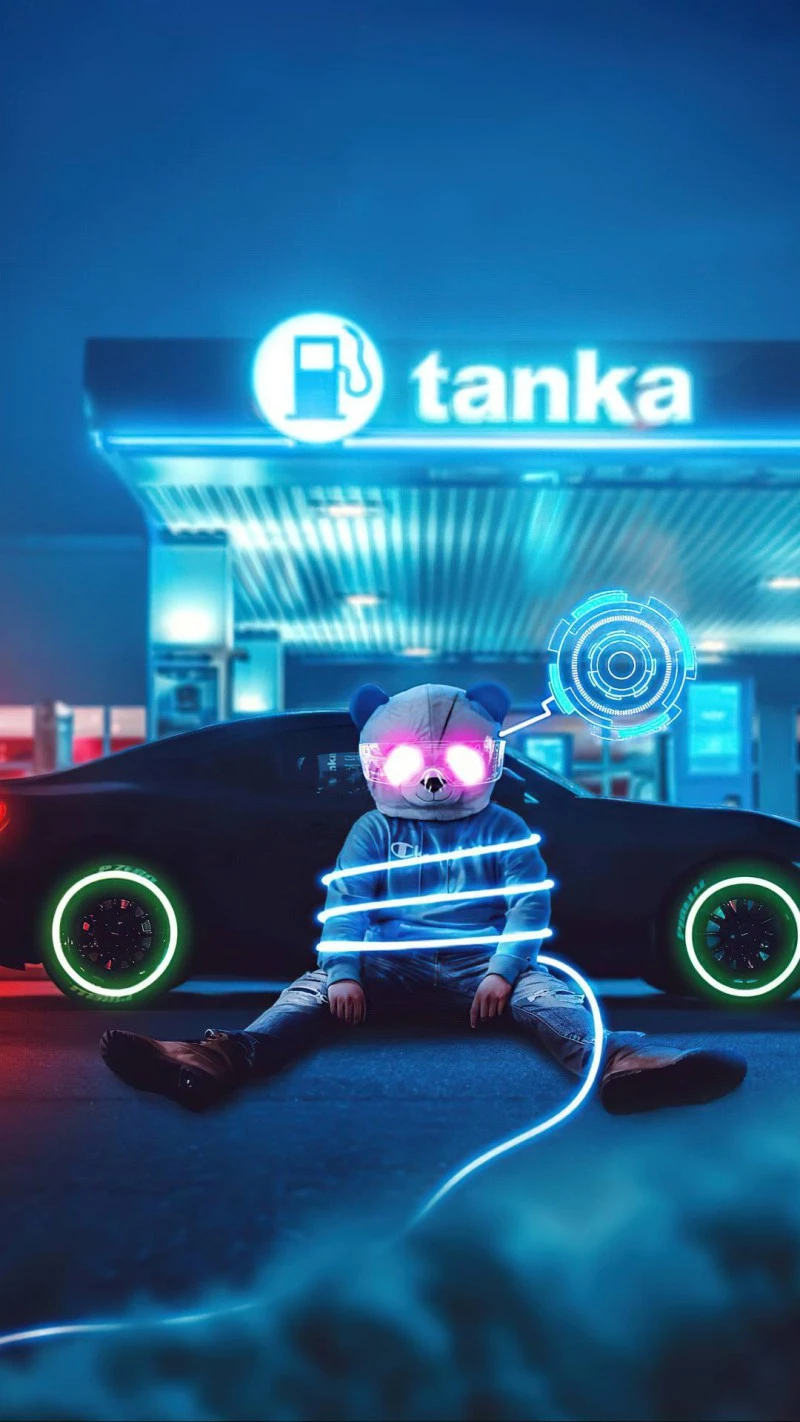 Neon Panda at the Gas Station 4K Mobile Wallpaper