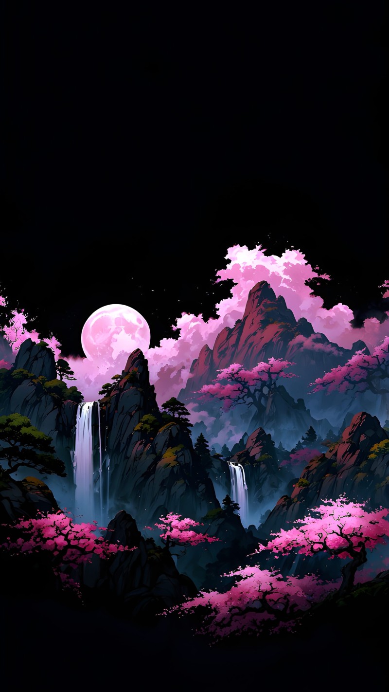 Serene Pink Cherry Blossom Night Wallpaper with Mountains 4K Ink Wallpaper