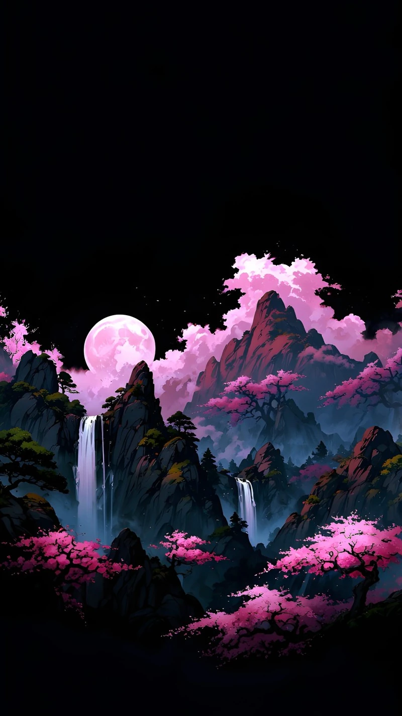 Serene Pink Cherry Blossom Night Wallpaper with Mountains 4K Mobile Wallpaper