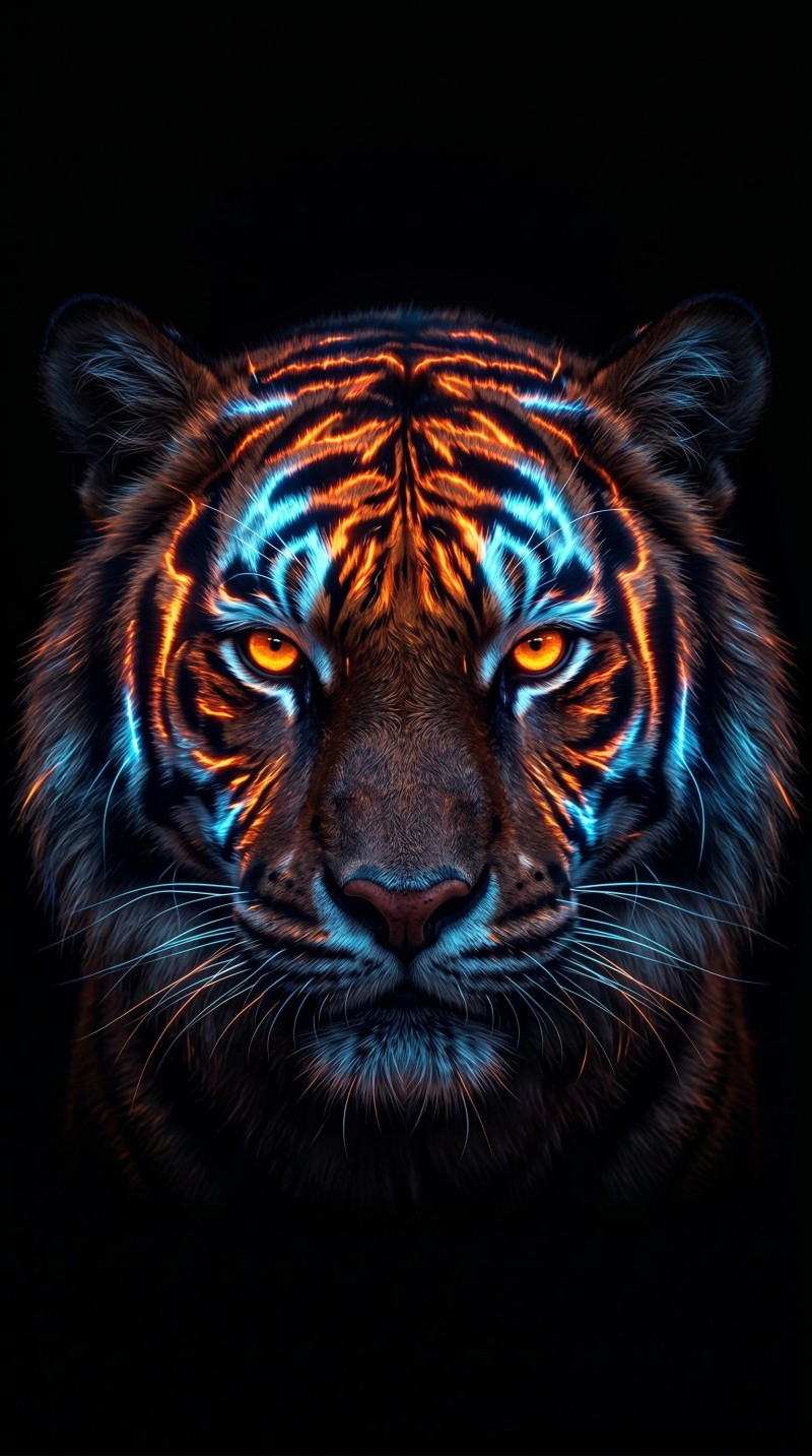 Neon Dark Tiger Glowing Eyes AMOLED Wallpaper for iPhone 4K Wing Wallpaper