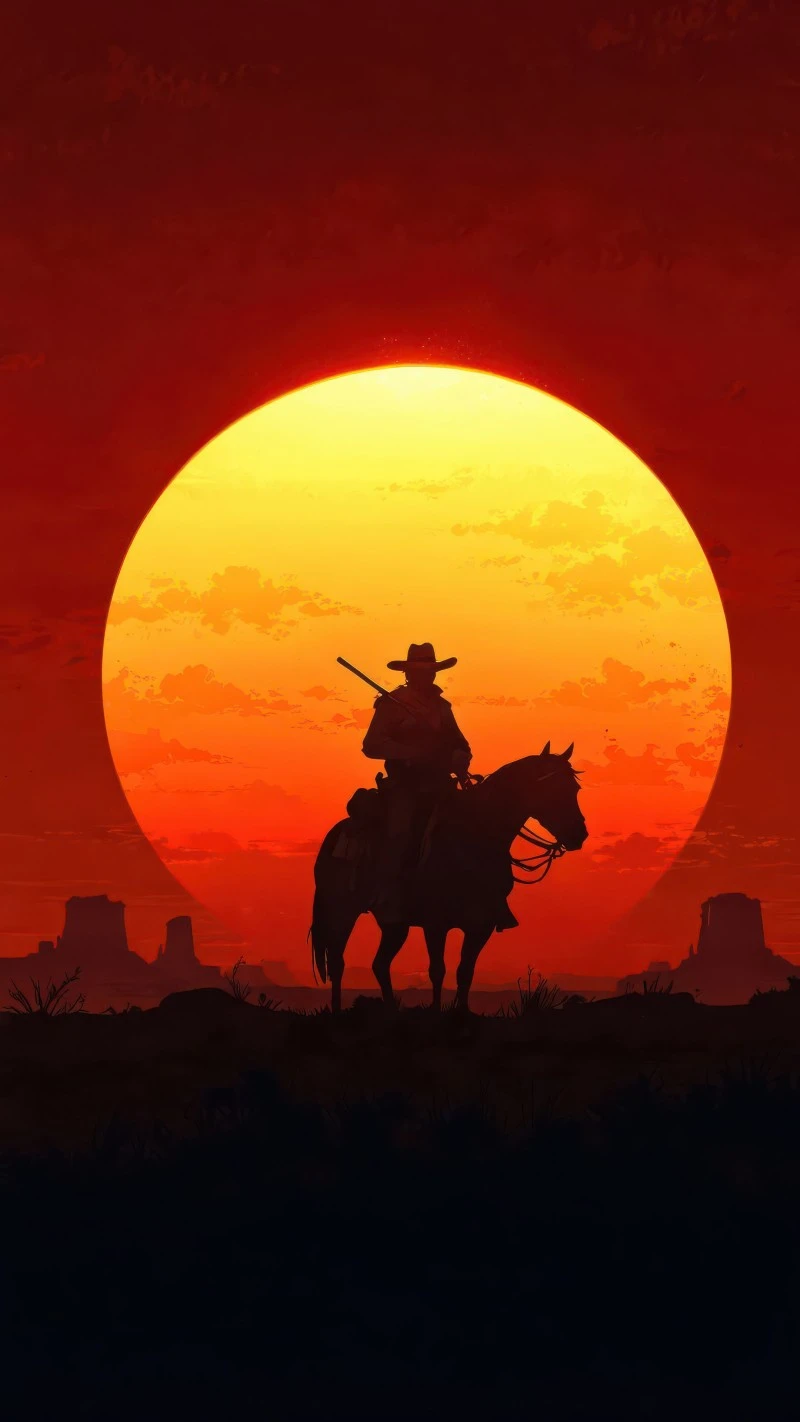 Vibrant Sunset Silhouette Red Dead Redemption 2 Cowboy Horse Wallpaper 4K Mobile Wallpaper