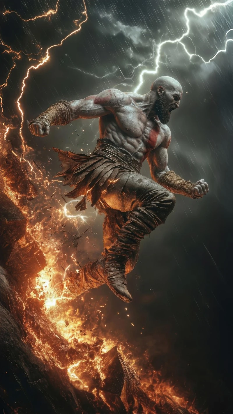 Kratos Fighting in a Fiery Storm 4K Mobile Wallpaper