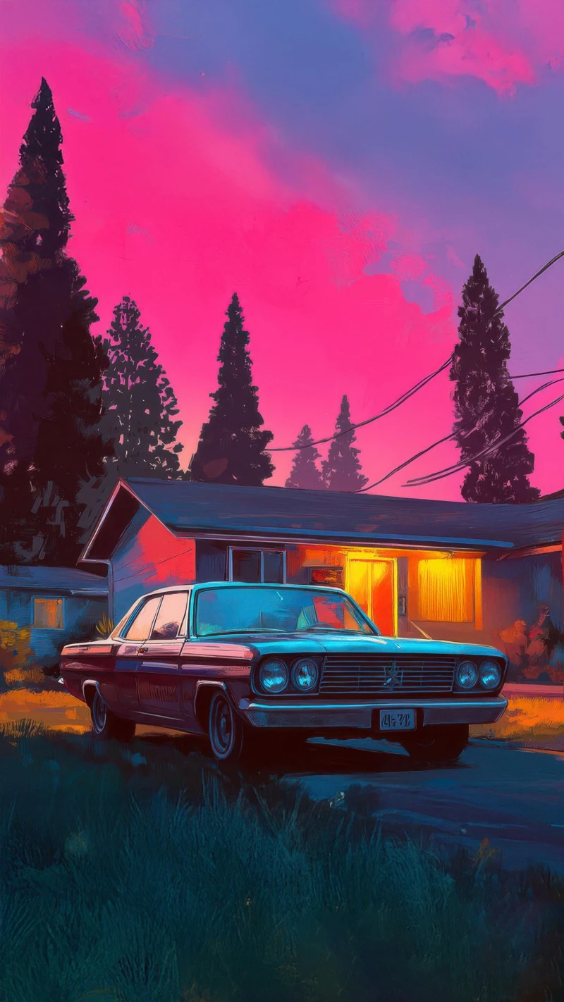 Vintage car in front of a house 4K Mobile Wallpaper