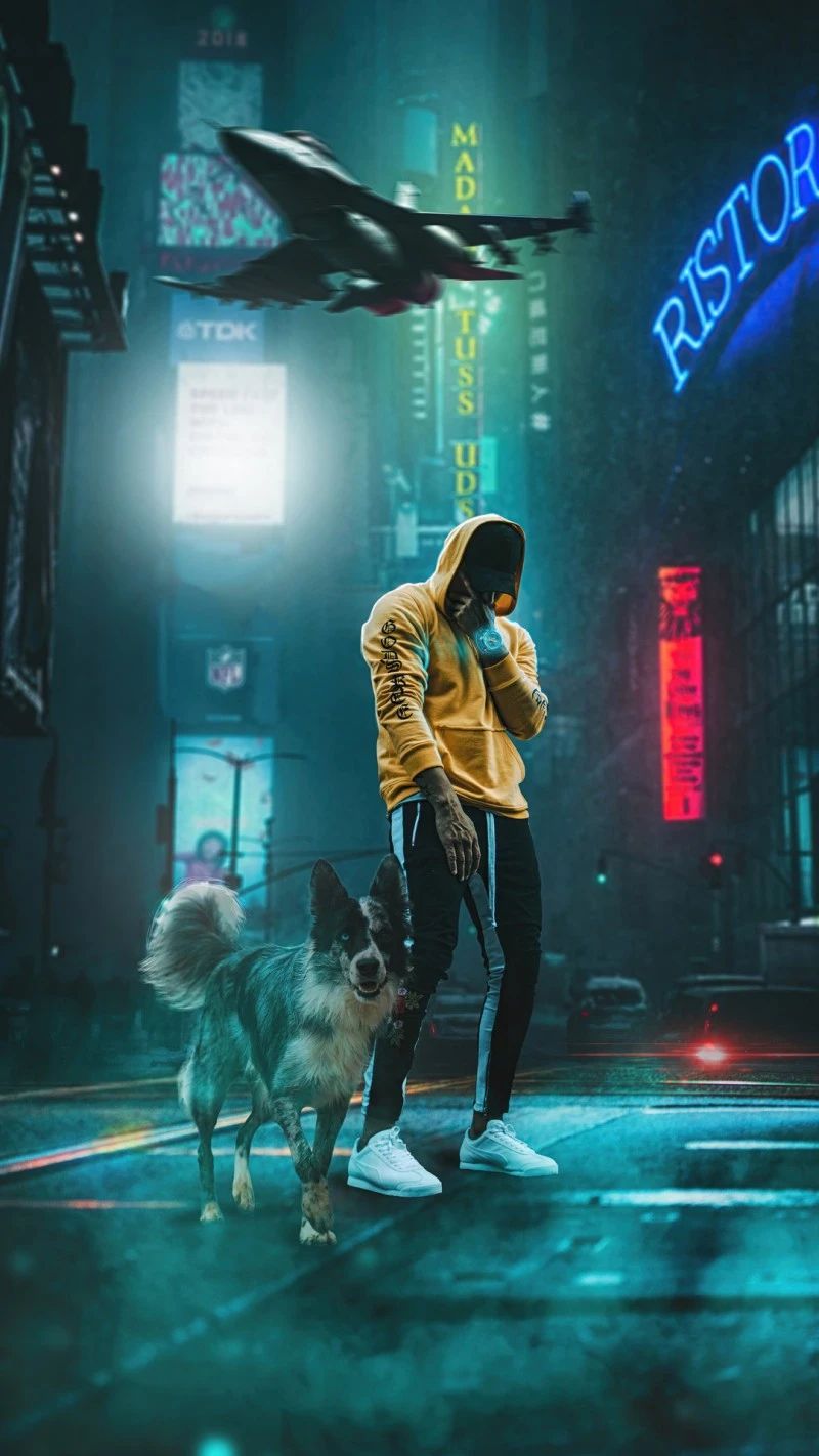 Cyberpunk Cityscape with Man and Dog 4K Mobile Wallpaper