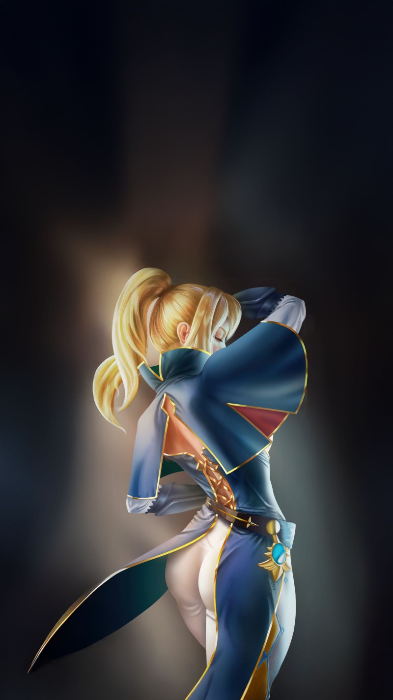 Blonde Anime Heroine in Blue Cape and Gold Accents Portrait 4K Mobile Wallpaper