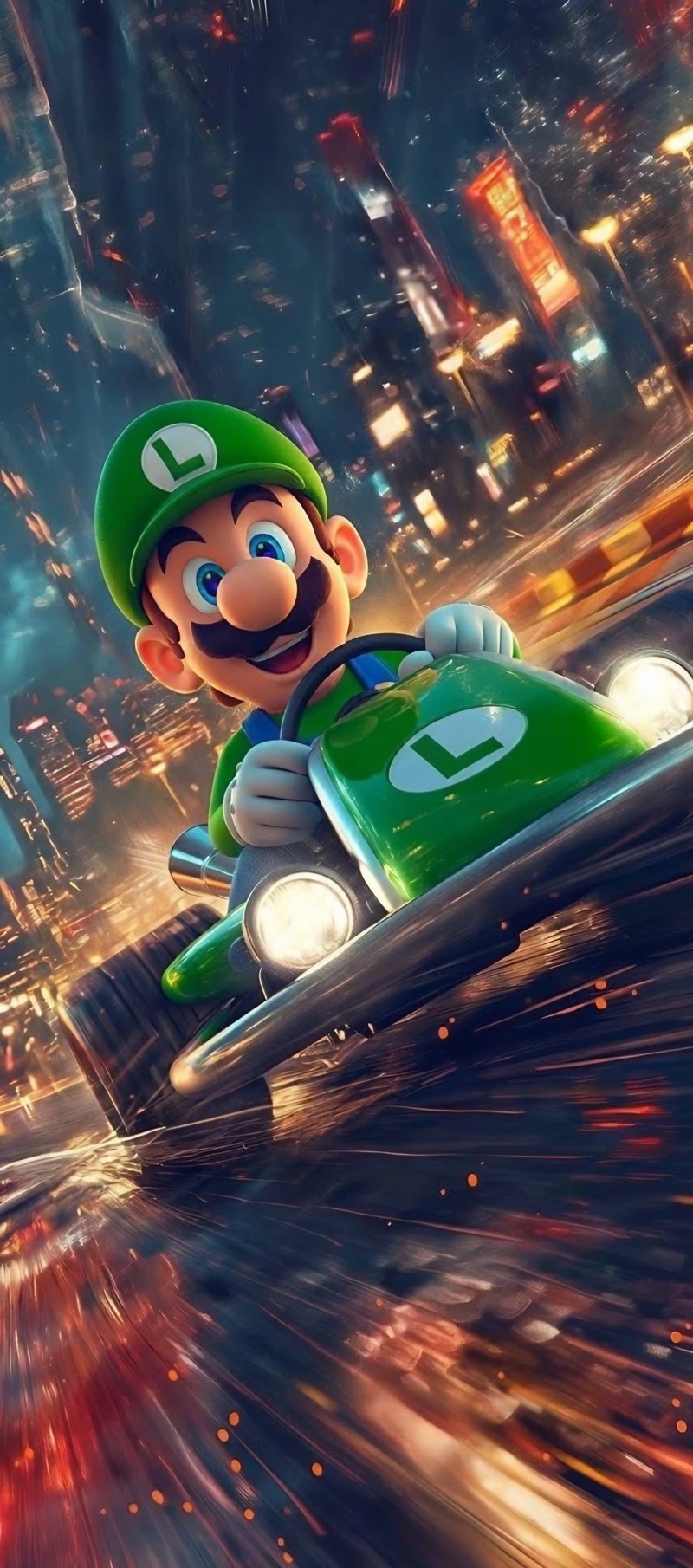 Luigi Kart Racing Night City Lights Wallpaper 4K Racing Wallpaper
