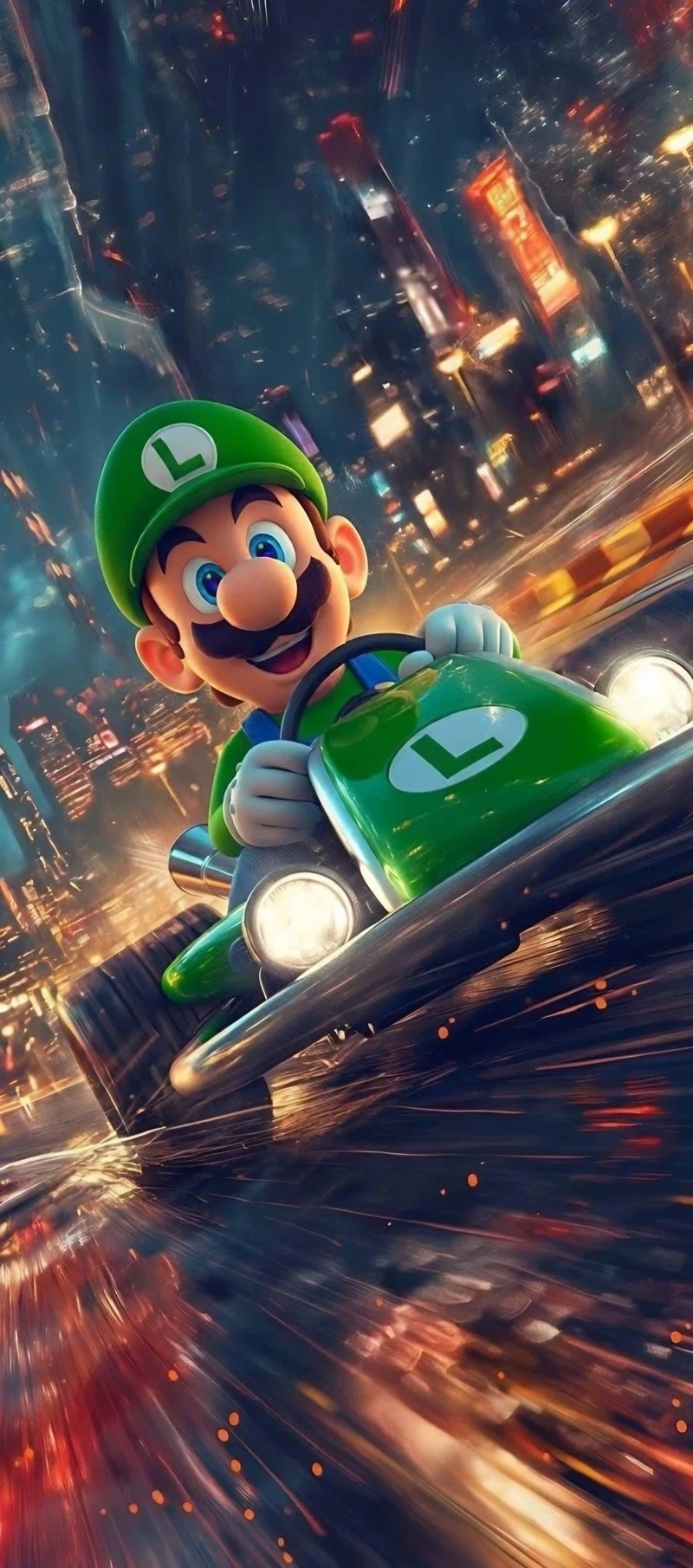 Luigi Kart Racing Night City Lights Wallpaper 4K Mobile Wallpaper