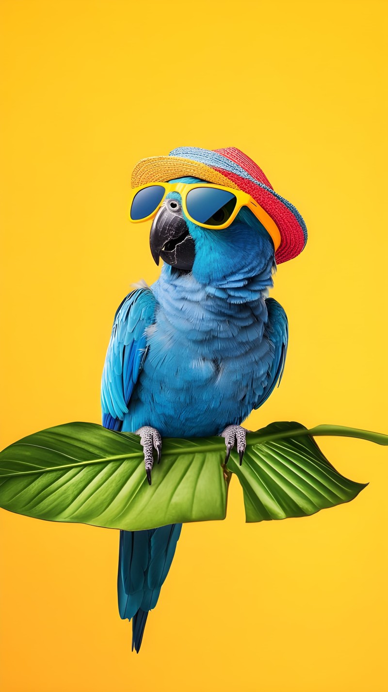 Vibrant Blue Parrot Wearing Sunglasses Summer Wallpaper 4K Green Wallpaper