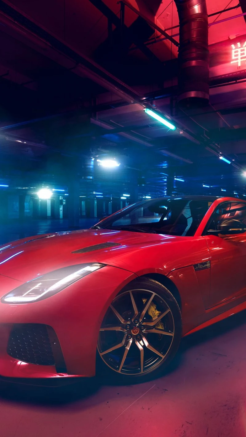 Red Jaguar F-Type in Neon Parking Garage 4K Mobile Wallpaper