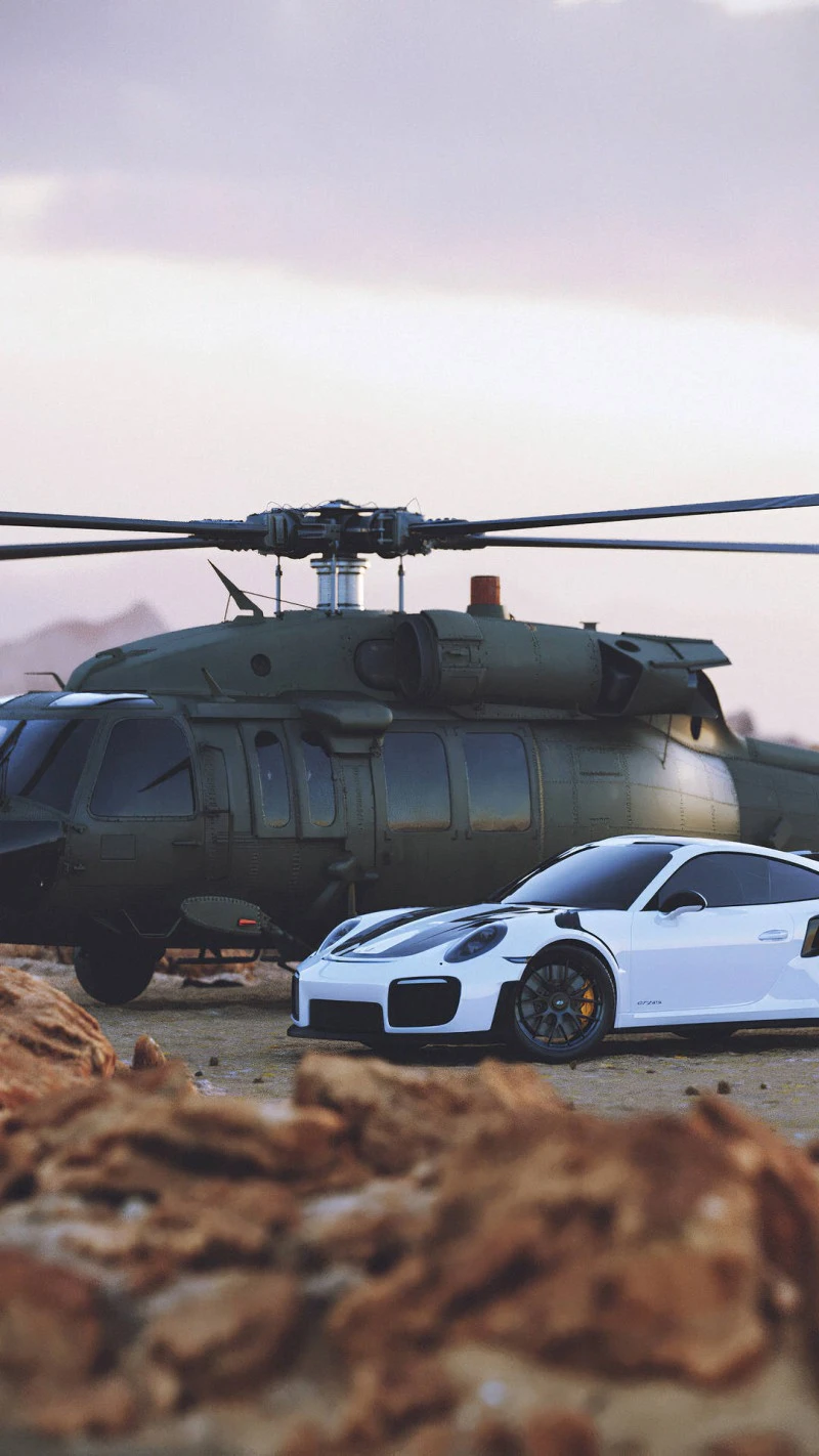 Porsche 911 GT2 RS and Military Helicopter 4K Mobile Wallpaper