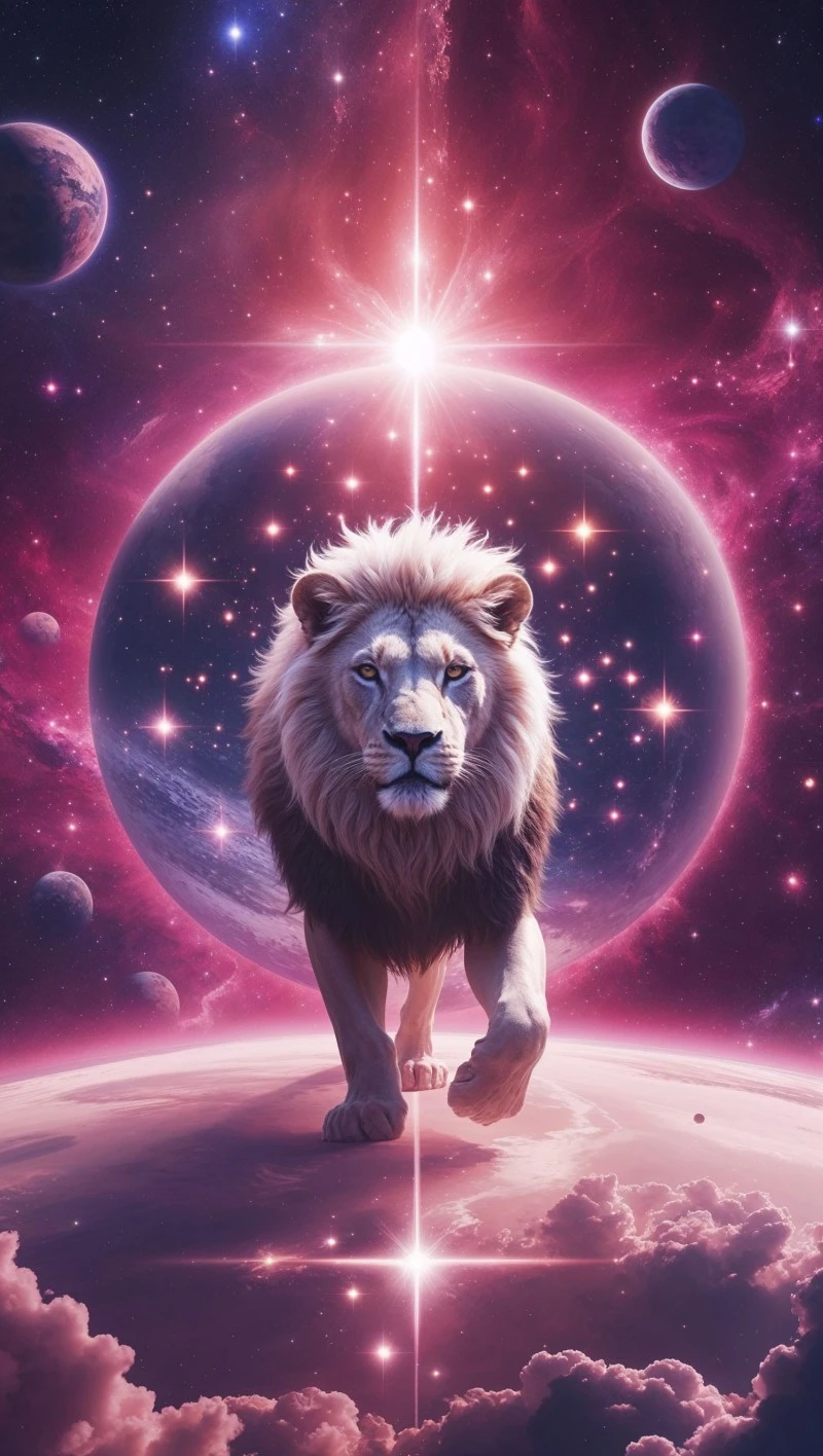 Majestic Lion in a Cosmic Landscape 4K Mobile Wallpaper
