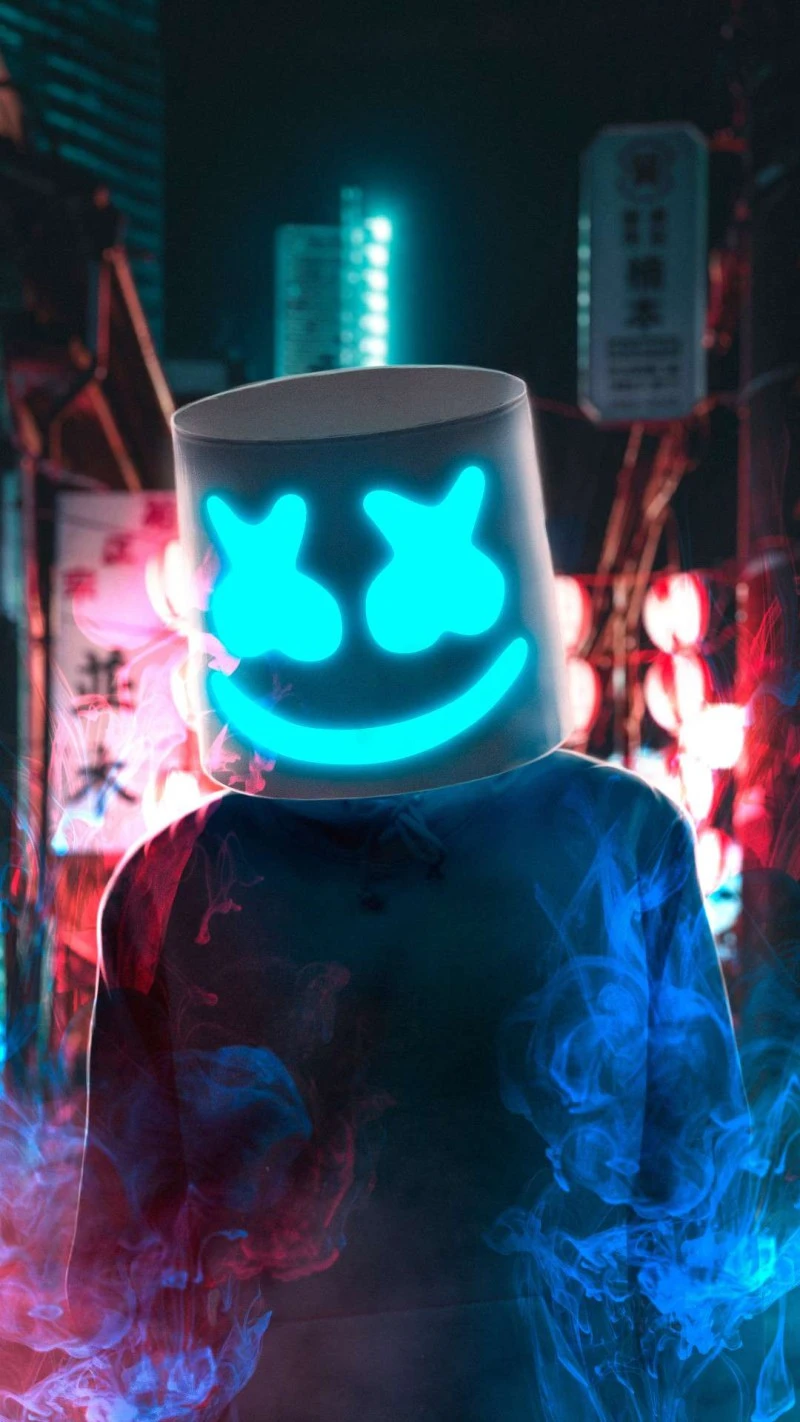 Marshmello in Neon City 4K Mobile Wallpaper