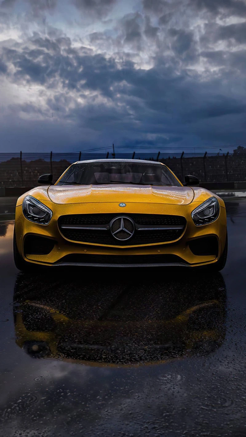 Yellow Mercedes-AMG GT S in the Rain 4K Mobile Wallpaper