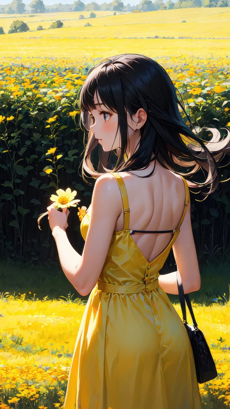 Anime Girl in Yellow Dress in a Field of Flowers 4K Mobile Wallpaper