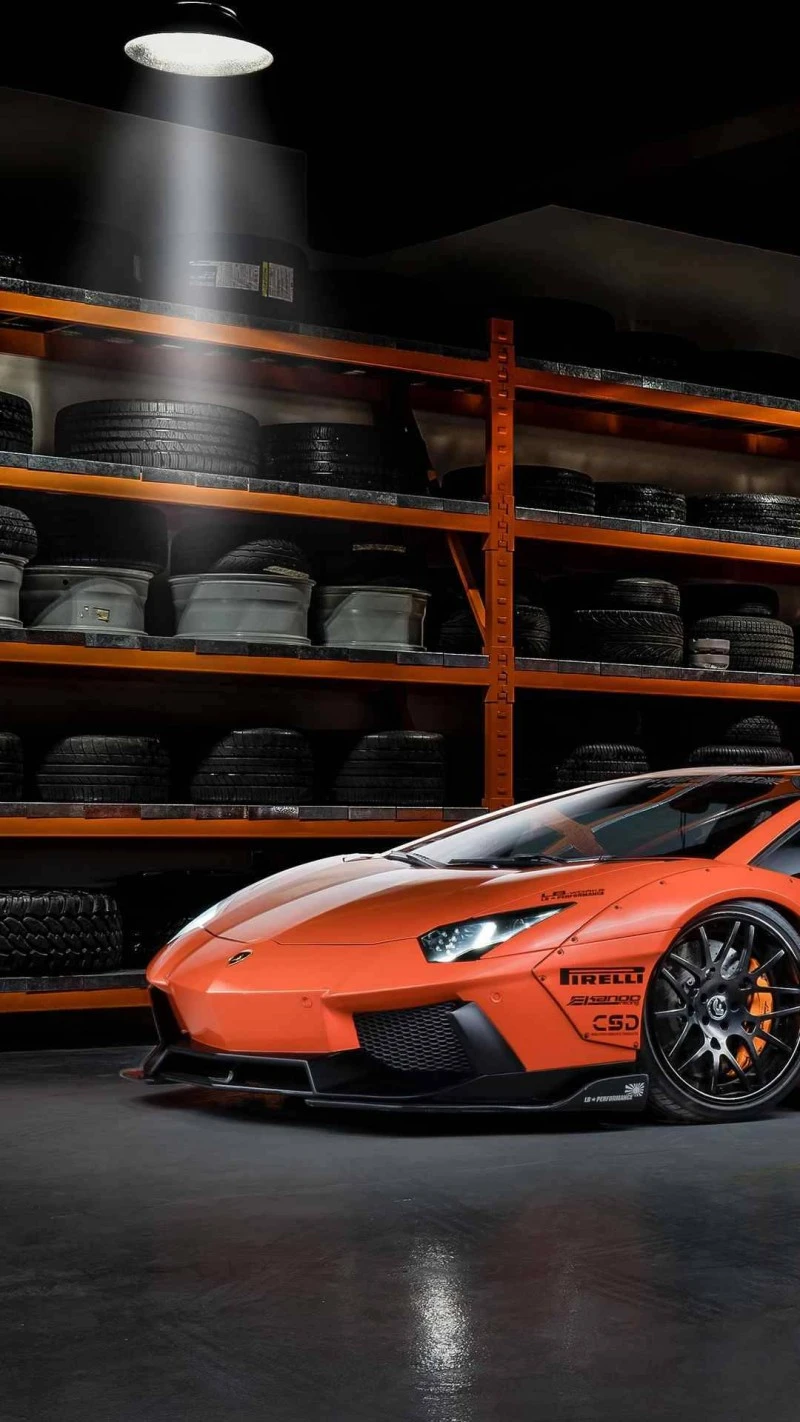 Orange Lamborghini Aventador in Garage 4K Mobile Wallpaper