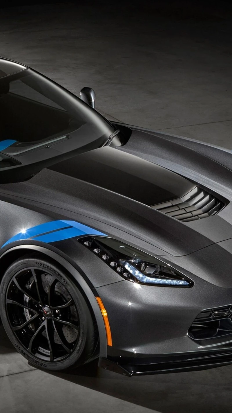 Gray Chevrolet Corvette with Blue Stripes 4K Mobile Wallpaper