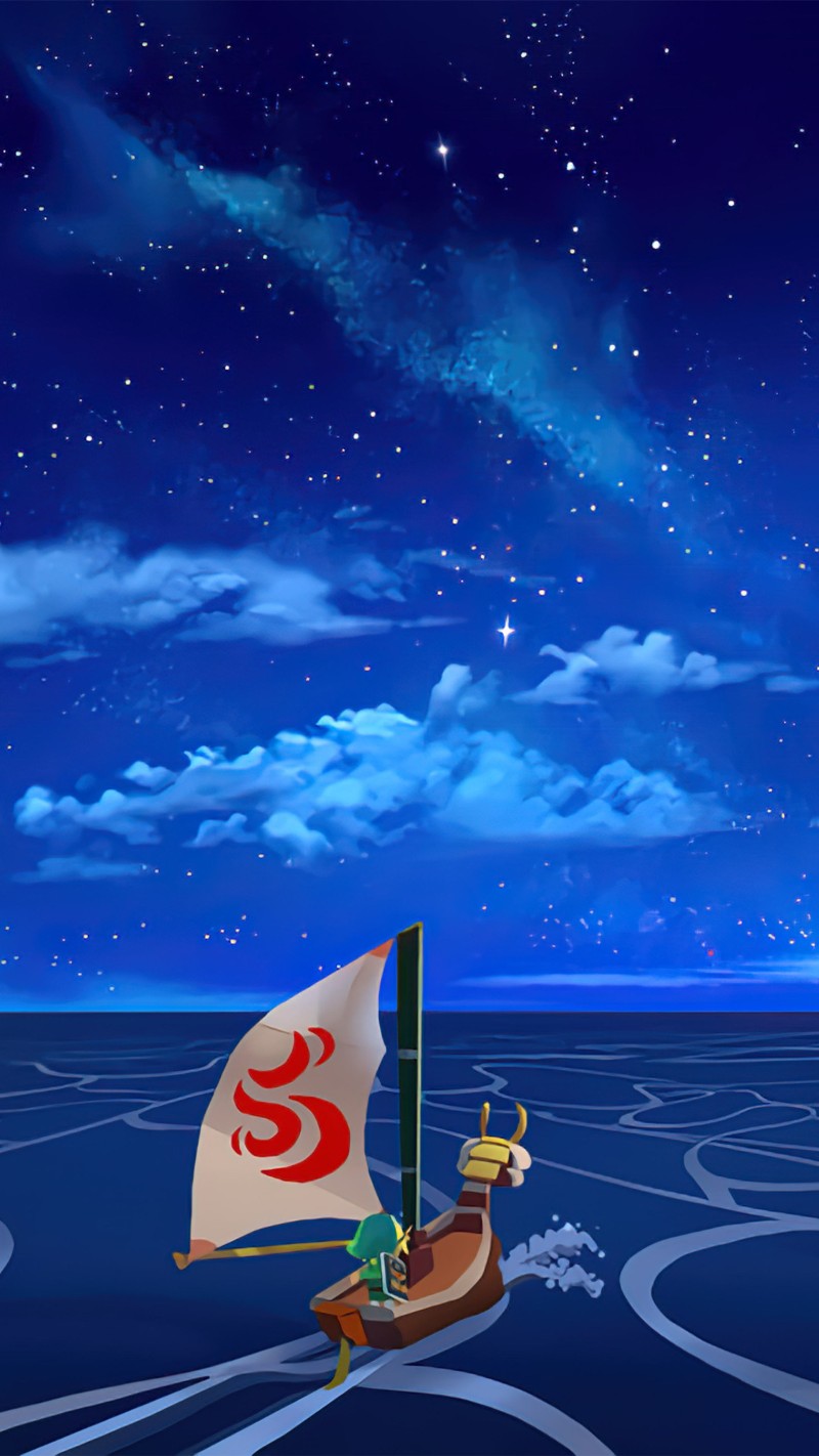 Vibrant Night Ocean Scene with Sailing Cartoon Wallpaper 4K Mobile Wallpaper