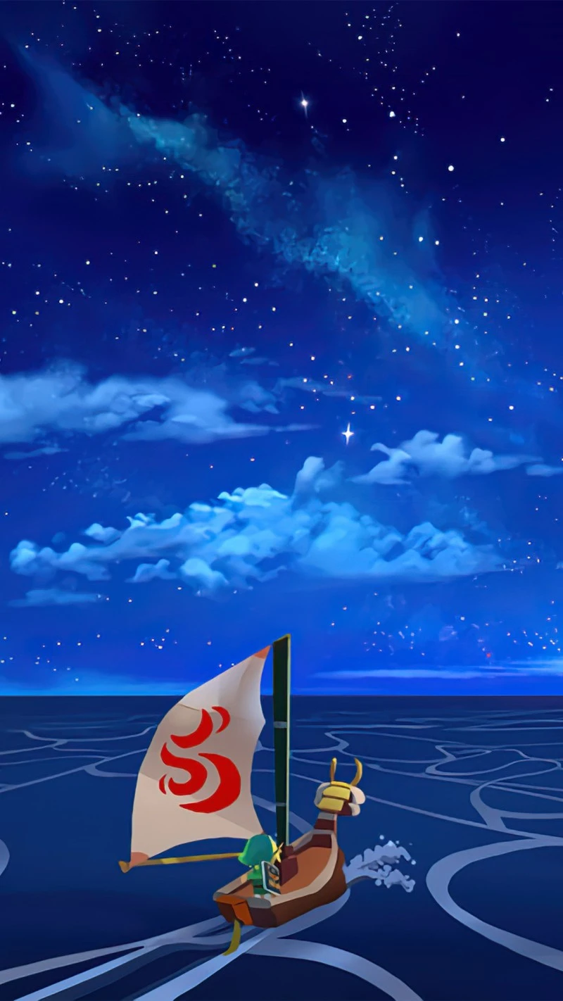 Vibrant Night Ocean Scene with Sailing Cartoon Wallpaper 4K Mobile Wallpaper