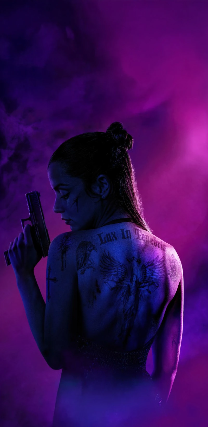 Woman with Gun and Tattoos 4K Mobile Wallpaper