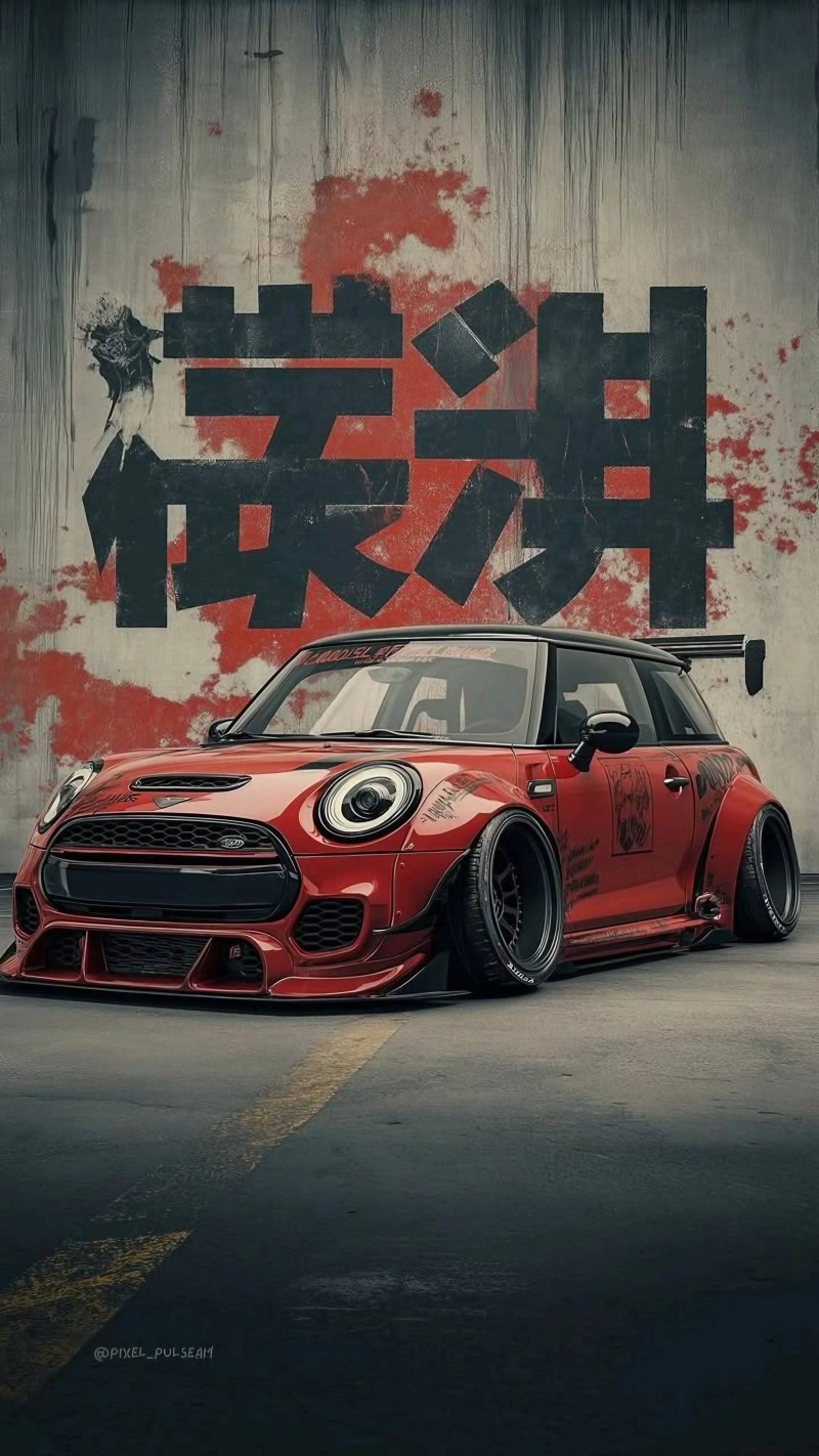 Red Mini Cooper Widebody JDM Style Graffiti Wallpaper 4K Modified mini Wallpaper