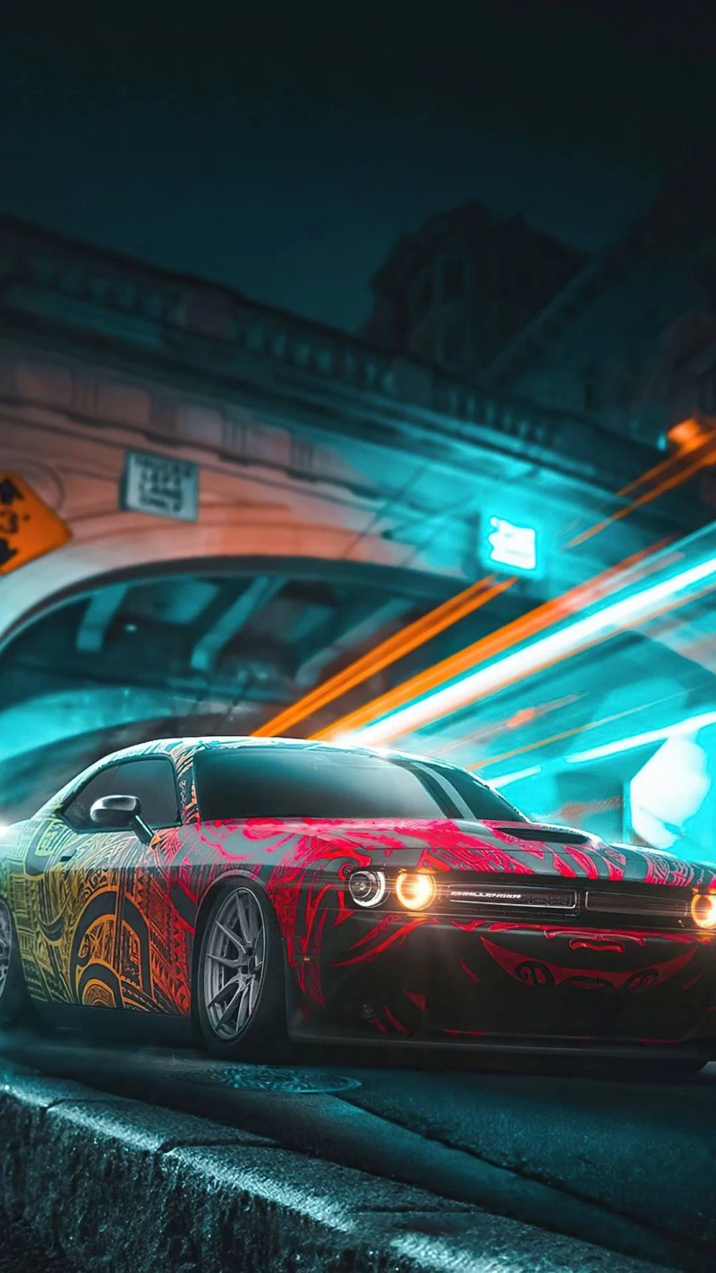 Custom Designed Dodge Challenger at Night 4K Mobile Wallpaper